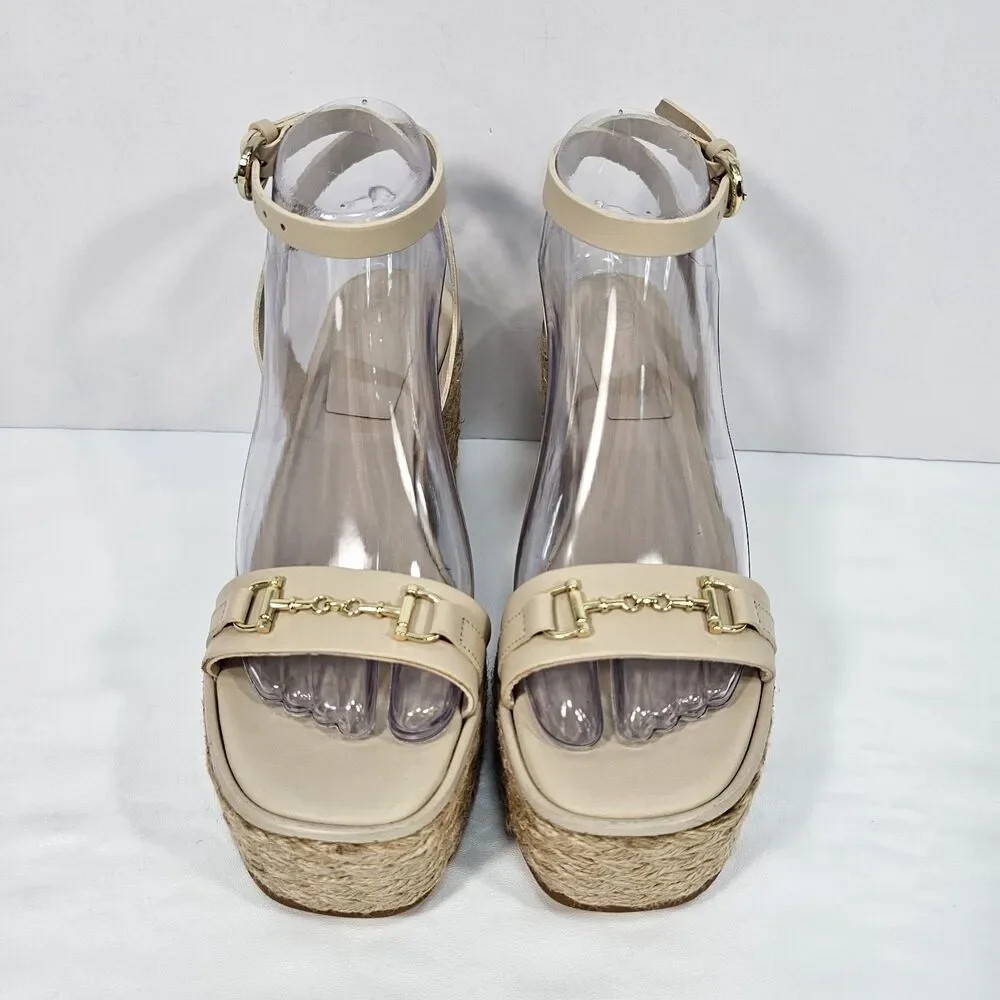 Massimo Dutti Spain Beige Leather Bit Platform Jute Wedge Sandals Sz 38 US 7.5